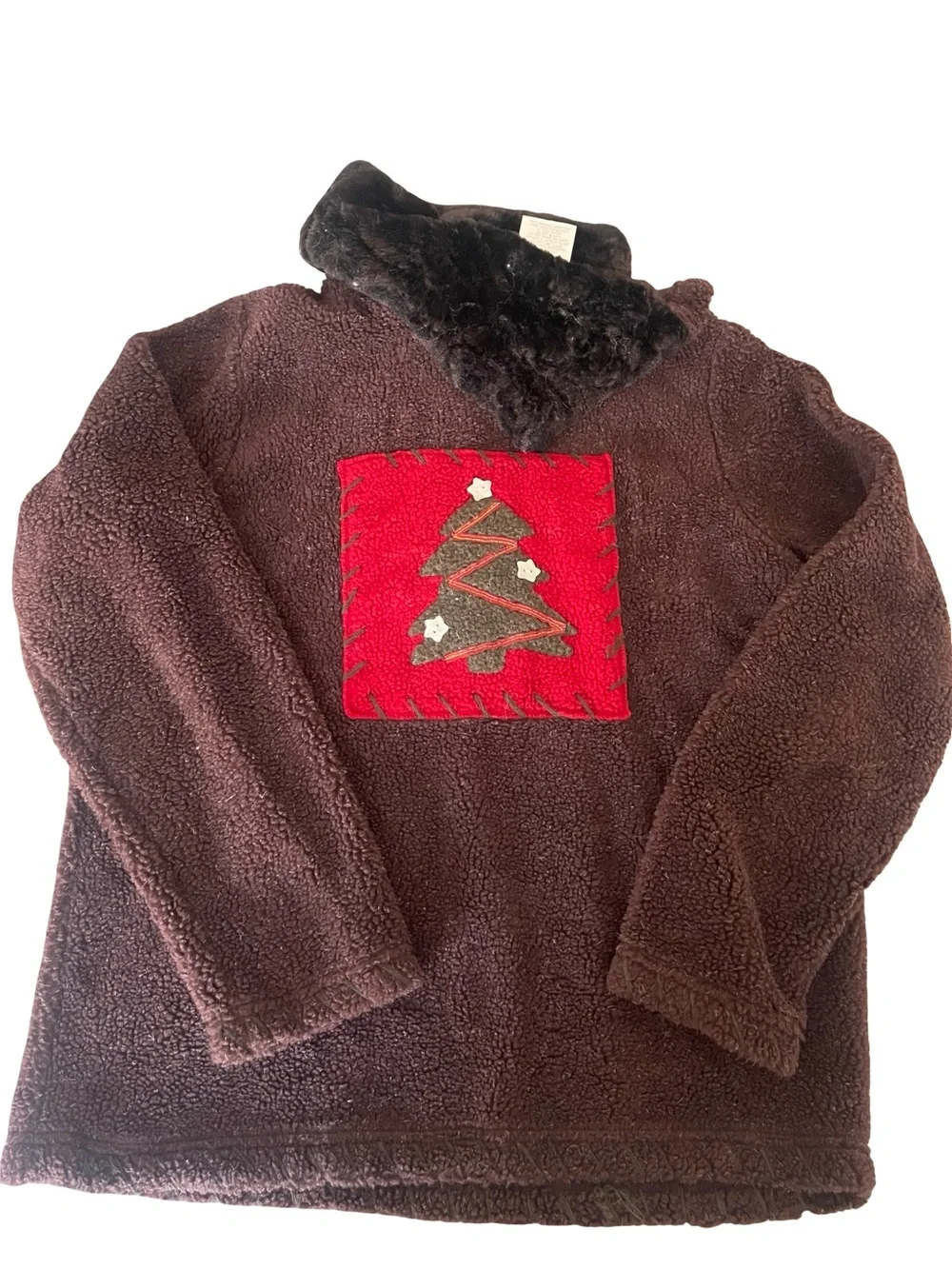 Vintage Faded Glory Christmas Sherpa Fleece Pullover Faux Fur Collar Y2K size M